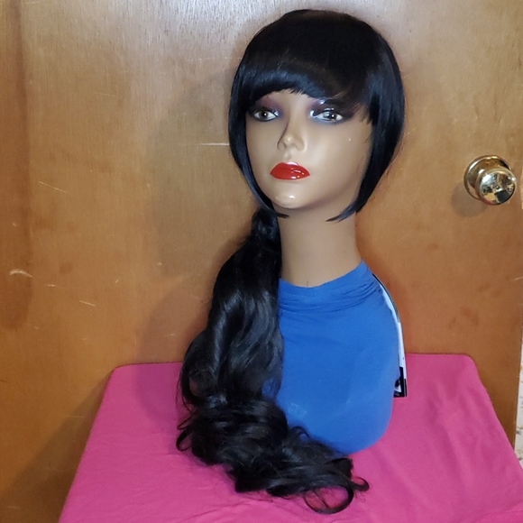 Long Black Wig With Bang And Ponytail Wrap - Picture 3 of 6